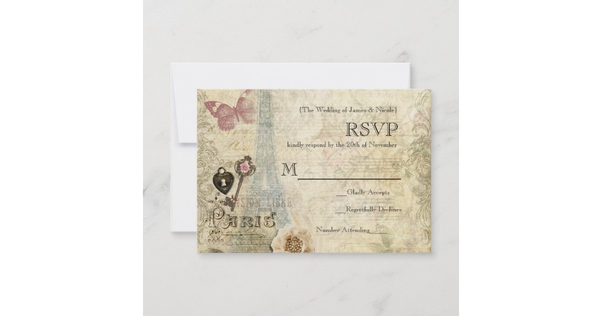 Vintage Paris Pink Roses Lock & Key Wedding RSVP | Zazzle