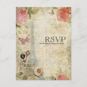 Vintage Paris Pink Roses Lock & Key Wedding RSVP Invitation Postcard