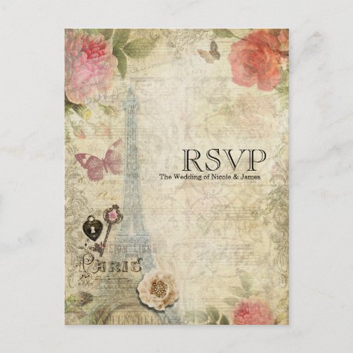 Vintage Paris Pink Roses Lock  Key Wedding RSVP Invitation Postcard