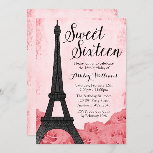 Vintage Paris Pink Roses Sweet 16 Birthday Invitation