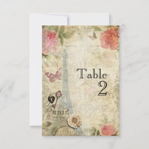 Vintage Paris Pink Roses Wedding Table Number Card