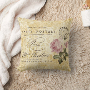 Vintage Paris Post Pink Roses Throw Pillow