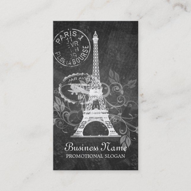 Vintage Paris Postcard Black Business Card (Front)