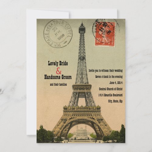 Vintage Paris Postcard Eiffel Tower Wedding Invite
