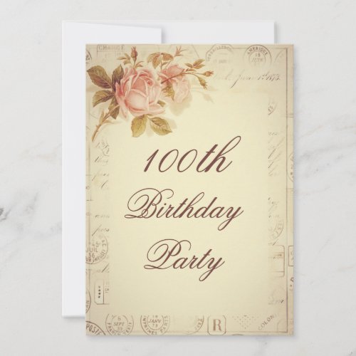 Vintage Paris Postmarks Chic Roses 100th Birthday Invitation