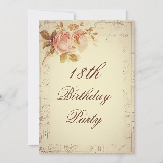 Vintage Paris Postmarks Chic Roses 18th Birthday Invitation (Front)