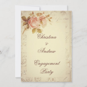 Vintage Paris Postmarks Chic Roses Engagement Invitation