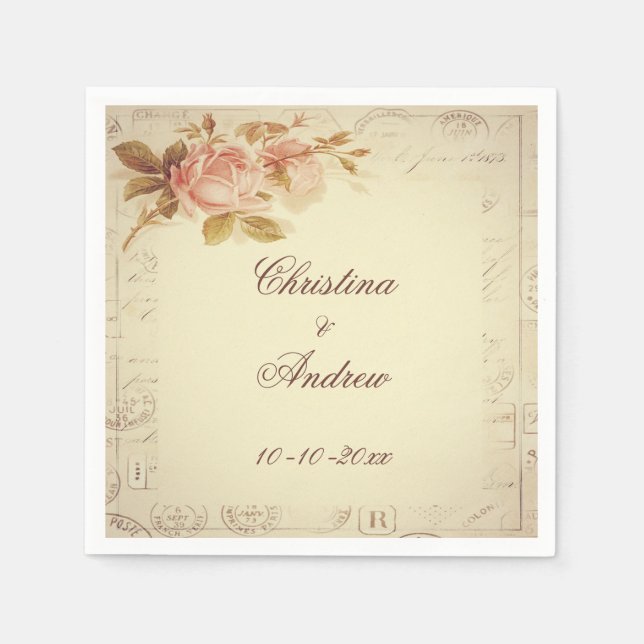 Vintage Paris Postmarks Chic Roses Napkins (Front)