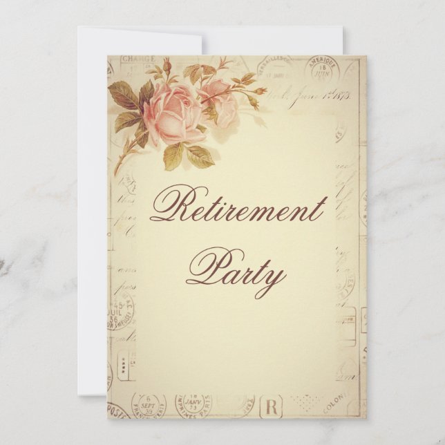 Vintage Paris Postmarks Chic Roses Retirement Invitation (Front)
