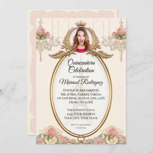 Vintage Paris Quinceaera Blush Gold w Chandelier Invitation