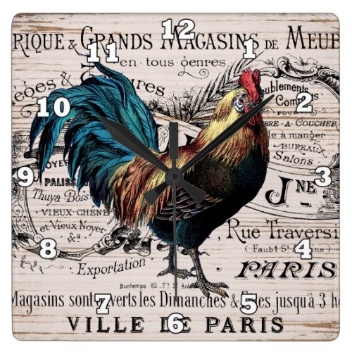 Vintage Paris Rooster Country wall decor Square Wall Clock