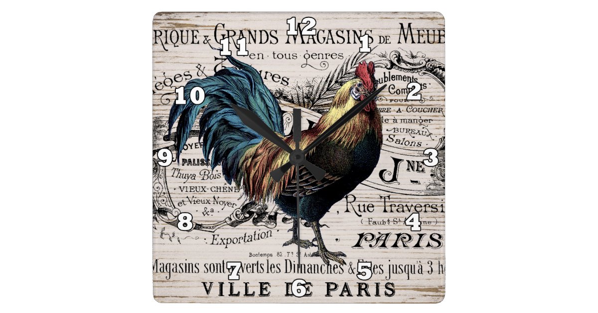 Vintage Paris Rooster Country Wall Decor Square Wall Clock