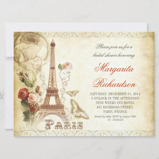 vintage PARIS shabby bridal shower invitations (Front)