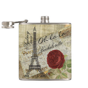 Vintage Paris Style - Red Rose- Bachelorette Flask