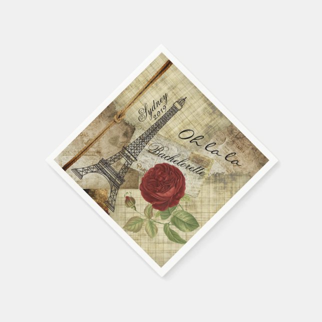 Vintage Paris Style - Red Rose- Bachelorette Napkins (Corner)