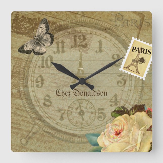 Vintage Paris themed French customizable Square Wall Clock (Front)