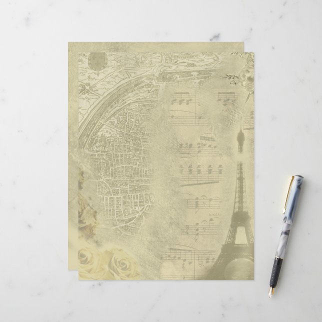 Vintage Paris Themed Scrapbook Paper (Front/Back In Situ)