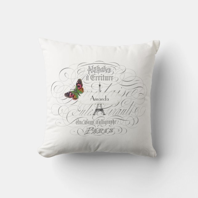 Vintage Paris White Personalized Throw Pillow (Front)
