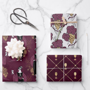 Vintage Paris Wine Themed Burgundy and Gold Wrapping Paper Sheets