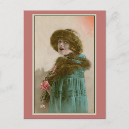 Vintage Paris womens fashion fur hat and coat Postcard