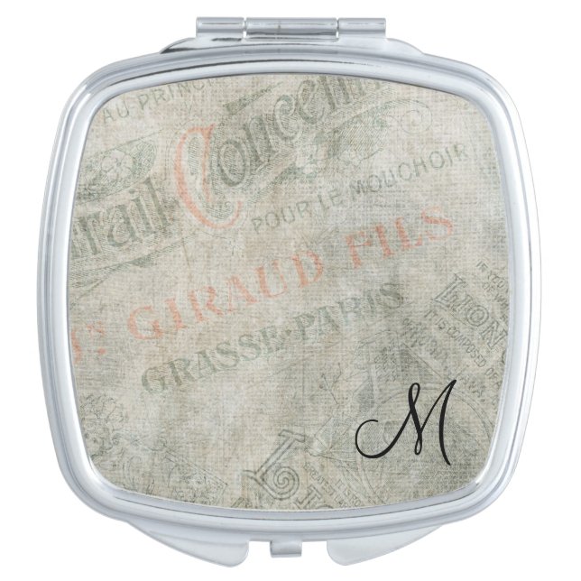 Vintage Parisian Advertisement with Monogram Makeup Mirror (Front)