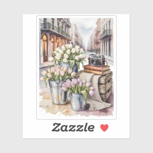 Vintage Parisian Street Tulips Vintage Camera Book Sticker