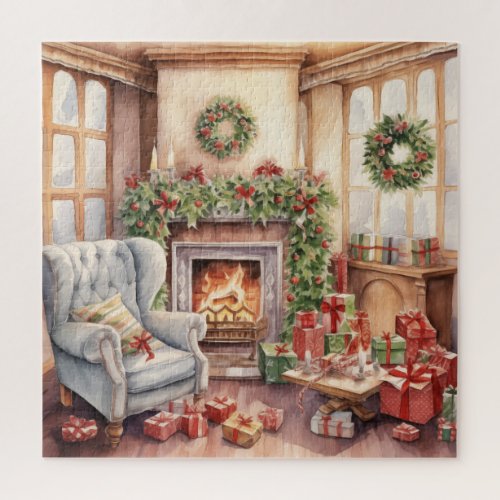 Vintage Parlor Christmas Presents Fireplace Jigsaw Puzzle