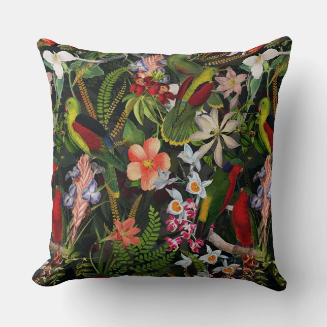Vintage Parrot Jungle 1 Pattern Throw Pillow (Front)