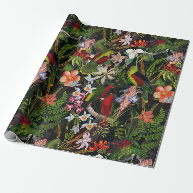 Vintage Parrot Jungle 1 Pattern Wrapping Paper (Unrolled)