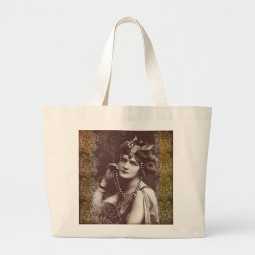 Vintage Party Girl on Victorian Tapestry Large Tote Bag
