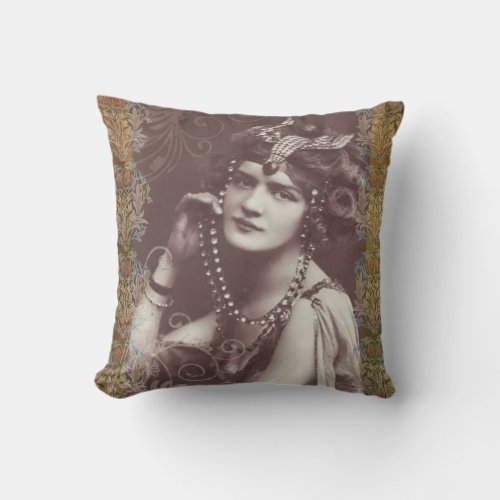 Vintage Party Girl on Victorian Tapestry Outdoor Pillow