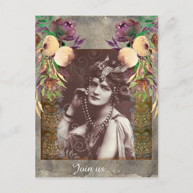 Vintage Party Girl on Victorian Tapestry Postcard (Front)