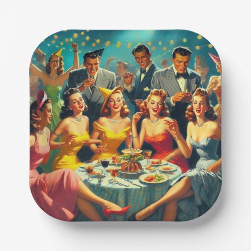 Vintage Party Illustration Paper Plates