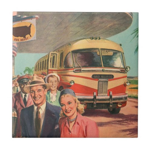 Vintage Passengers on Vacation at the Bus Depot Ceramic Tile