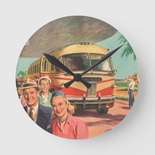 Vintage Passengers on Vacation at the Bus Depot Round Clock
