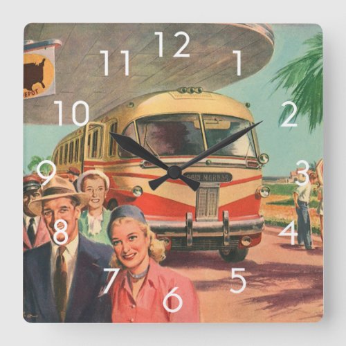 Vintage Passengers on Vacation at the Bus Depot Square Wall Clock