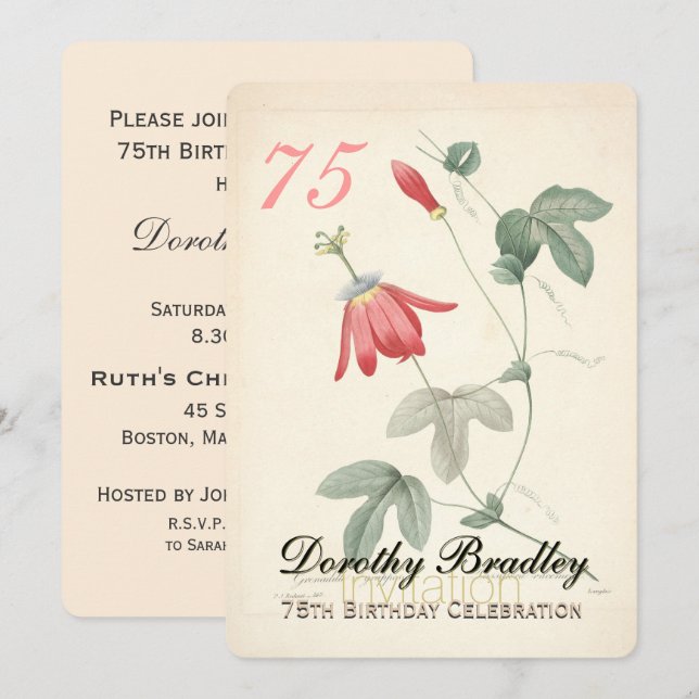 Vintage Passiflora 75th Birthday Party Invitation (Front/Back)