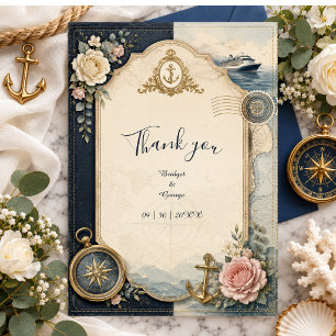 Vintage Passport Cruise Wedding Rose Map Thank You Card