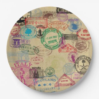 Vintage Passport Stamps Paper Plates 9" by JCDesignsUK at Zazzle