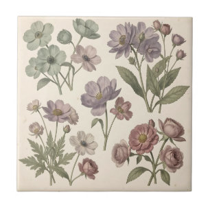 Vintage Pastel Anemones Roses Soft Botanical Ceramic Tile
