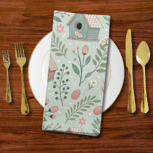 Vintage Pastel Birdhouses with Floral Blooms Cloth Napkin