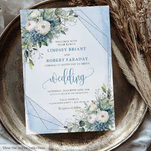 Vintage Pastel Blue White Silver Roses Wedding Invitation