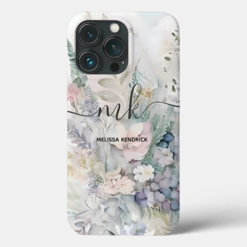 Vintage Pastel Botanical Floral Fern Monogram Name iPhone 13 Pro Case