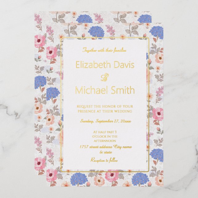 Vintage Pastel Botanical Watercolor Flowers Foil Invitation (Front/Back)