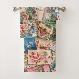 Vintage Pastel Christmas Card Collage Bath Towel Set