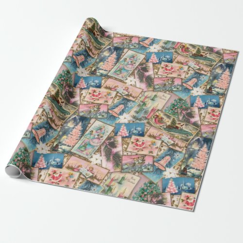 Vintage Pastel Christmas Card Collage Wrapping Paper