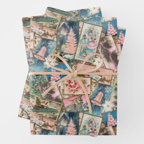 Vintage Pastel Christmas Card Collage  Wrapping Paper Sheets