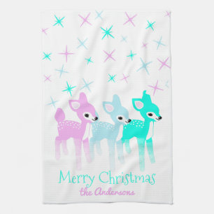 Vintage Pastel Deer Cute Christmas Personalized Kitchen Towel
