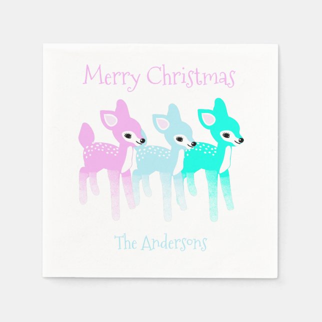 Vintage Pastel Deer Cute Christmas Personalized Napkins (Front)