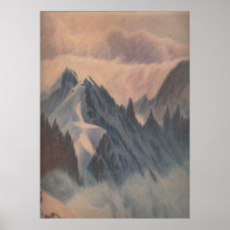 Vintage pastel drawing eerie mountain glacier poster
